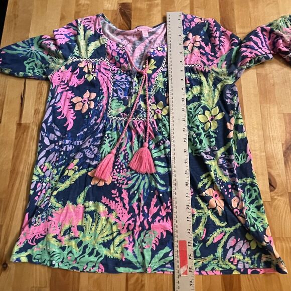 Lilly Pulitzer Top Tilda Tunic Blue‎ Pink Floral 3/4 Sleeves Womens sz Small EUC - Picture 10 of 11